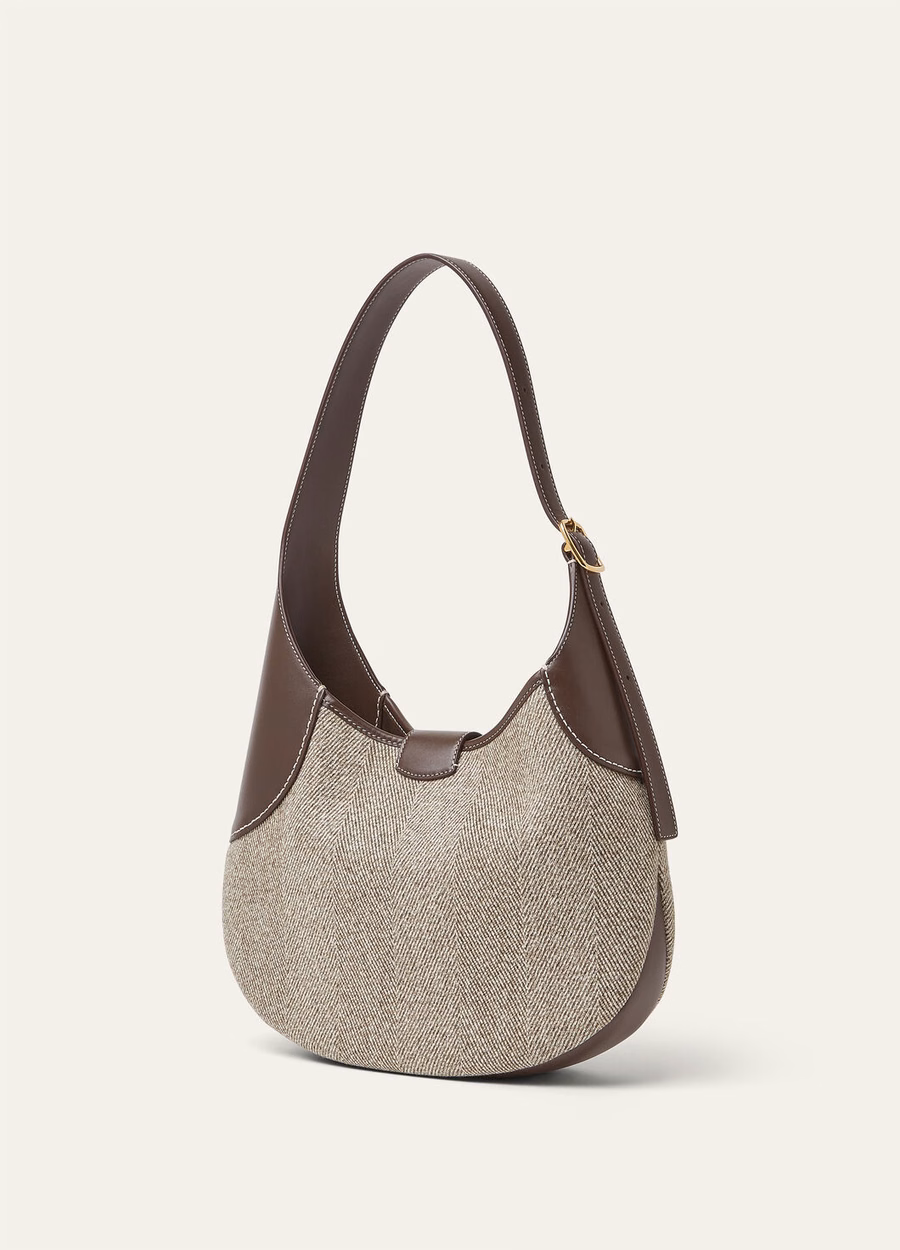 Bolso mediano de lana virgen, color marrón natural/regaliz chocolate oscuro/oro sol.