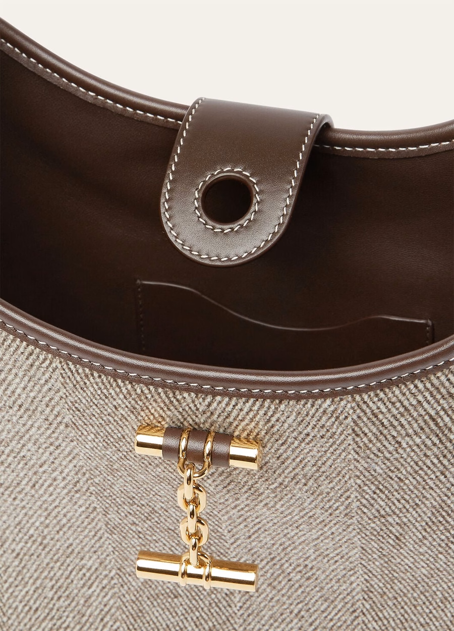 Bolso mediano de lana virgen, color marrón natural/regaliz chocolate oscuro/oro sol.