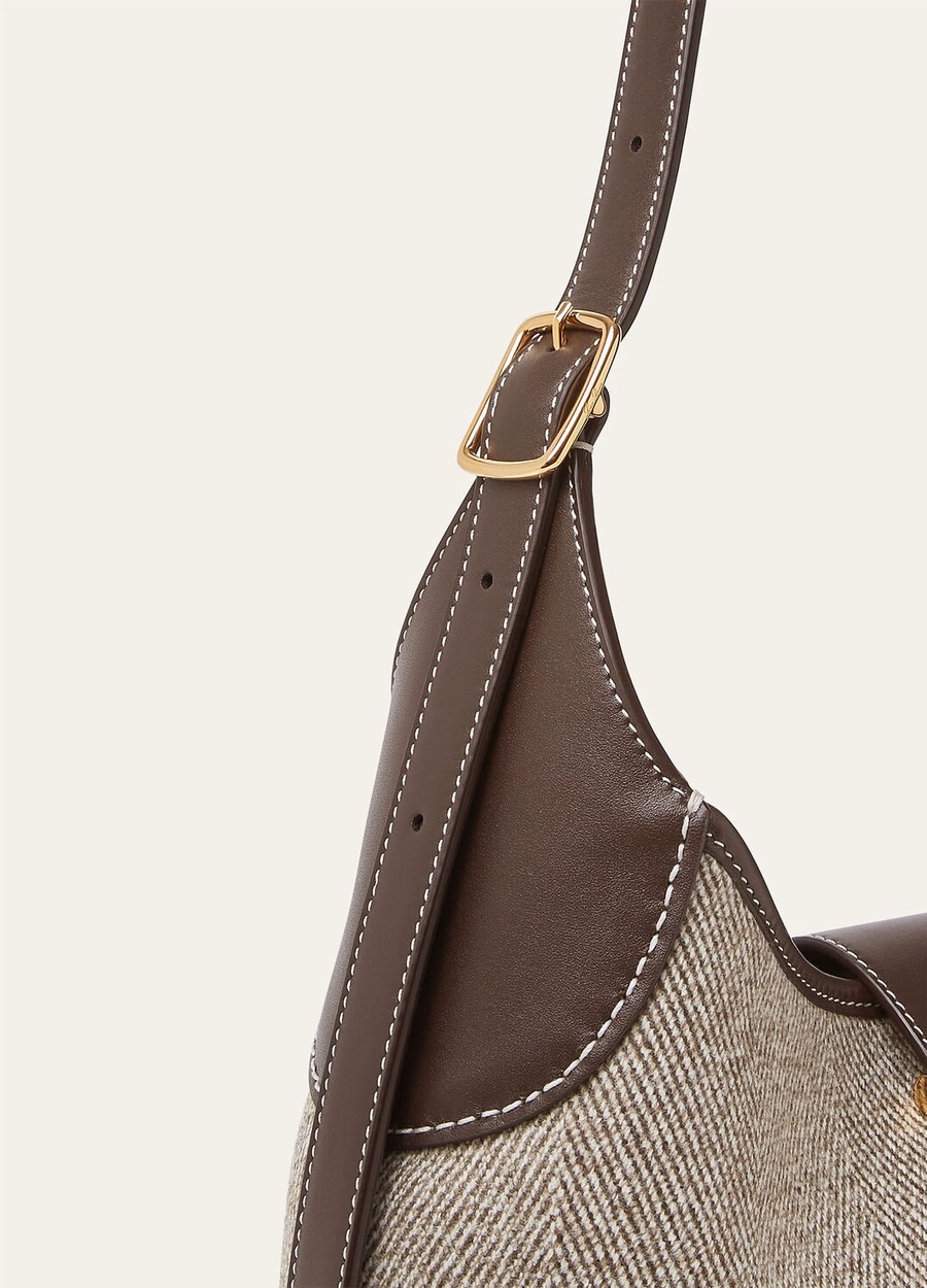 Bolso mediano de lana virgen, color marrón natural/regaliz chocolate oscuro/oro sol.