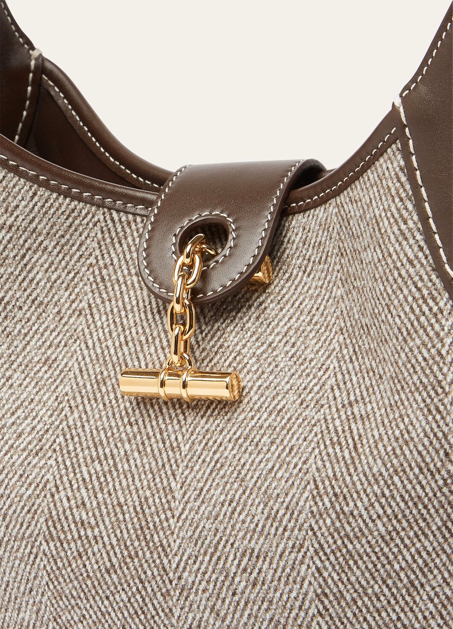 Bolso mediano de lana virgen, color marrón natural/regaliz chocolate oscuro/oro sol.