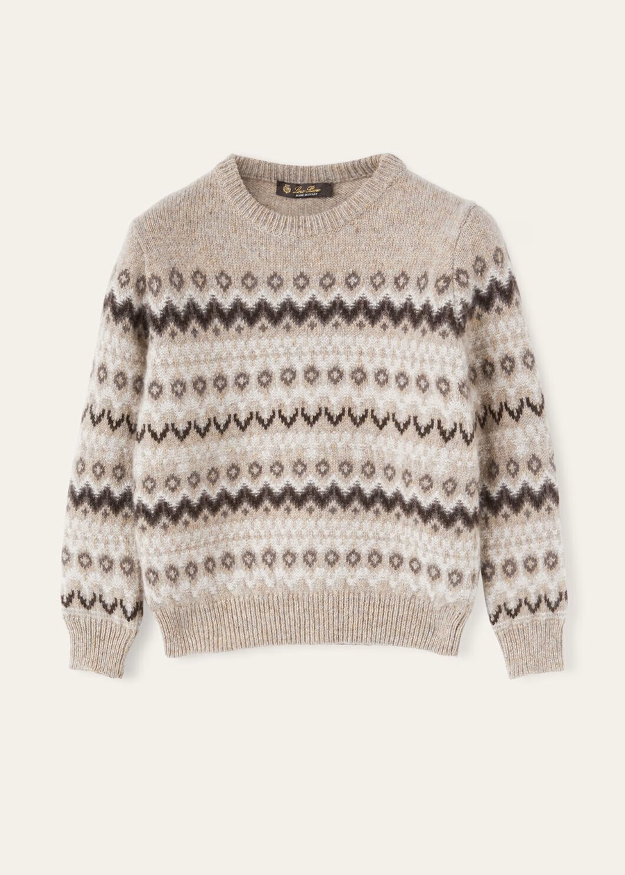 Jersey de cuello redondo de cachemir Alpe Pile para niños, color beige/gris oscuro jaspeado.