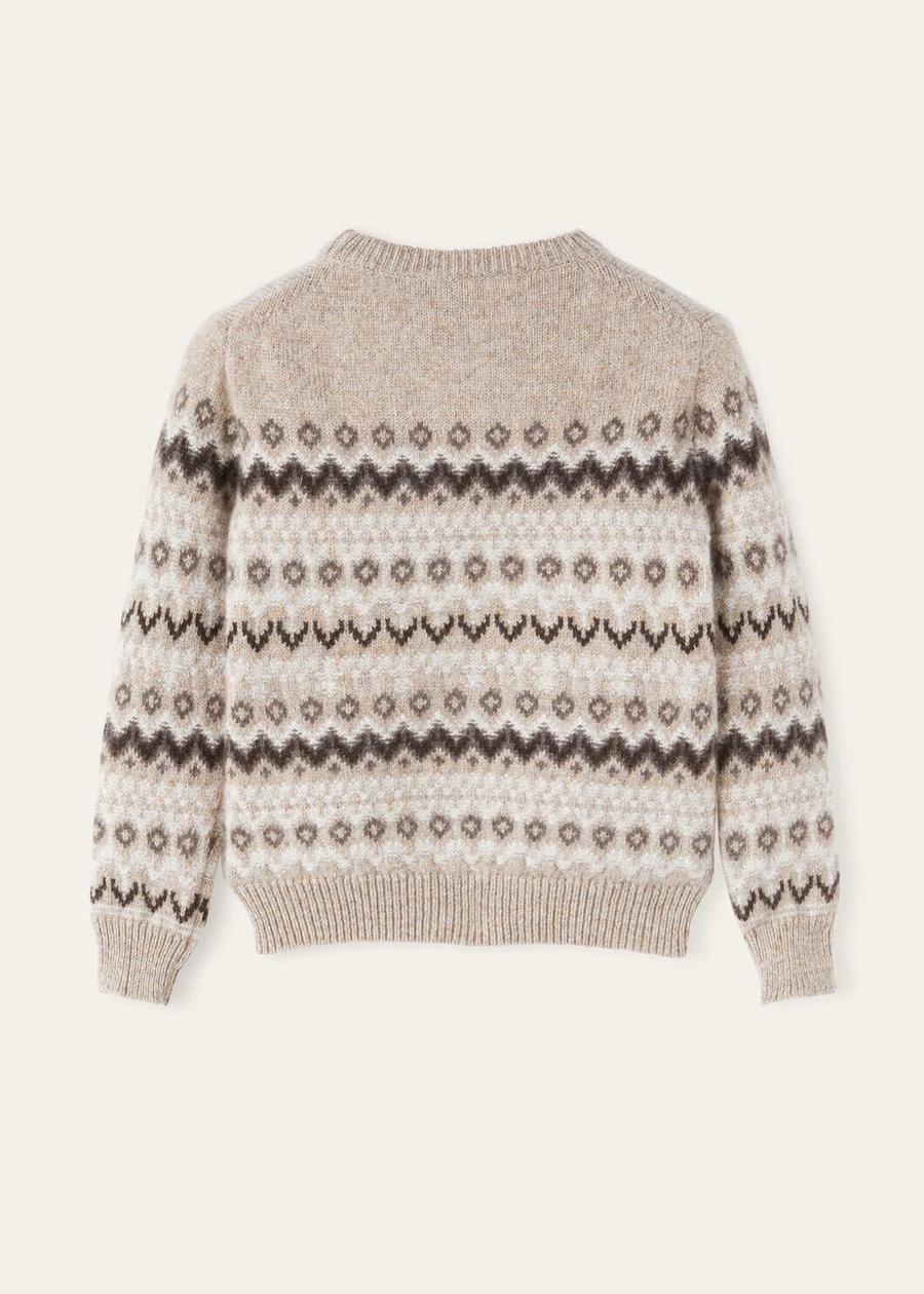 Jersey de cuello redondo de cachemir Alpe Pile para niños, color beige/gris oscuro jaspeado.