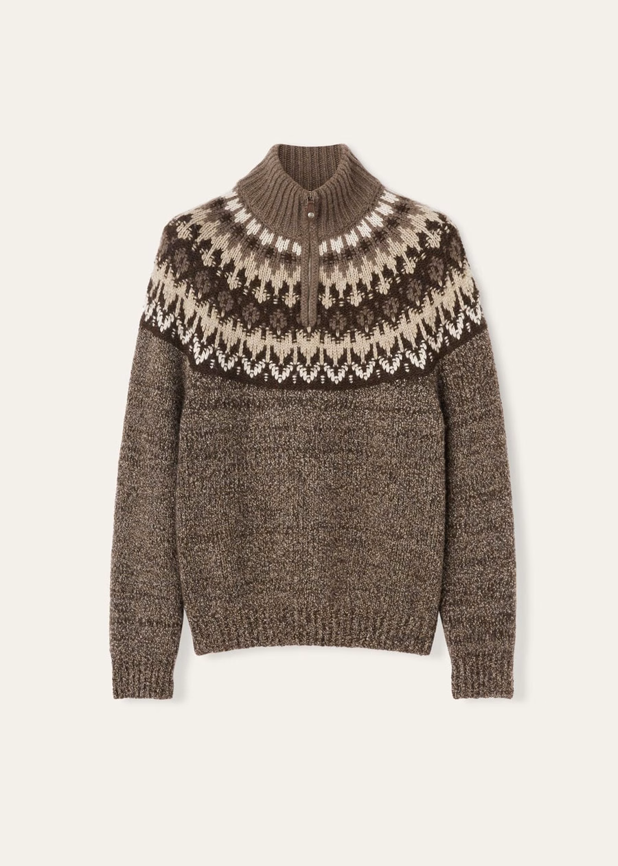 Jersey de cuello medio de cachemir y seda Alpe Pile, color ébano/gris jaspeado.