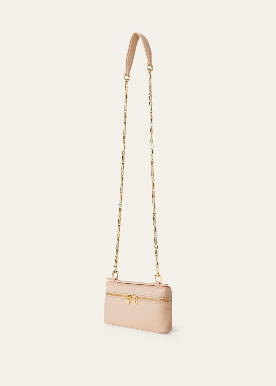 Minibolso con bolsillo adicional en piel de becerro granulada color crema miel/oro sol.