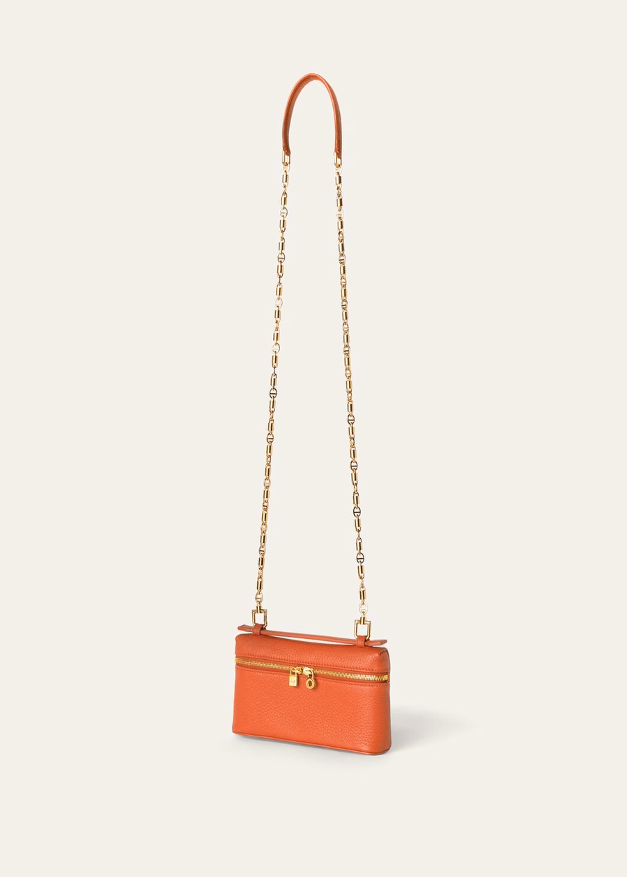 Minibolso con bolsillo adicional en piel de becerro granulada Coral Fiction/Sun Gold