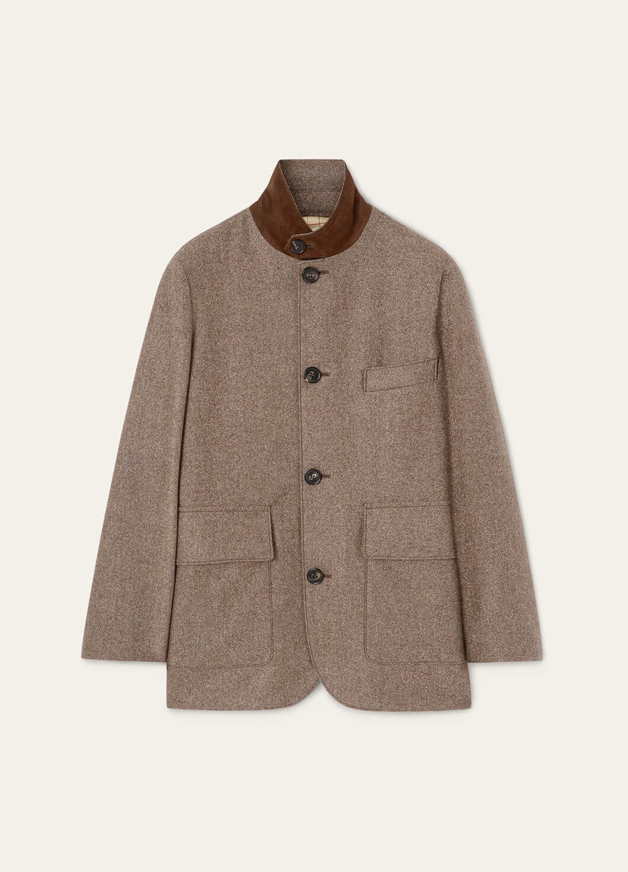 Chaqueta Roadster Mini de cachemir, lana virgen, color gris oscuro jaspeado.