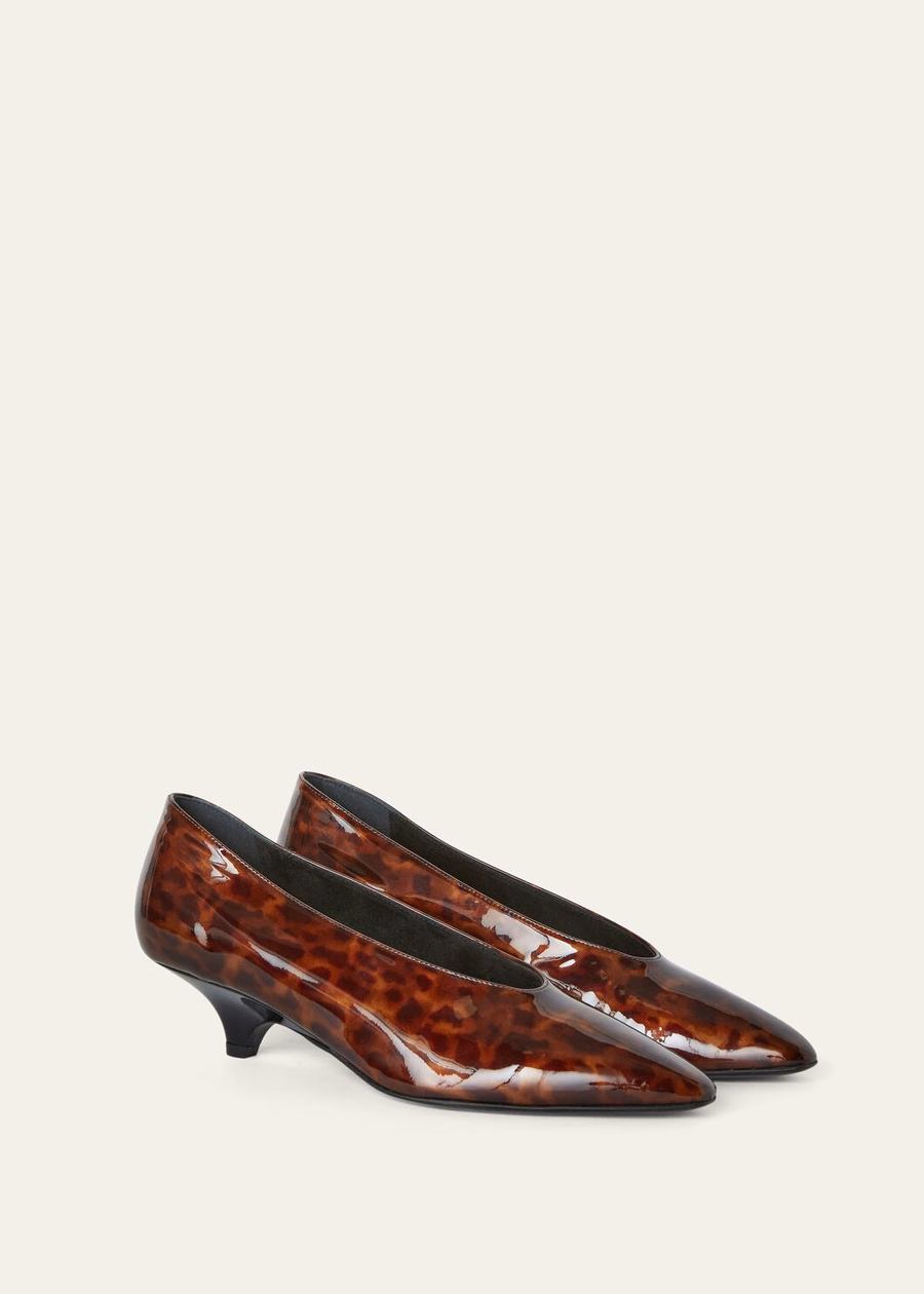 Zapatos de tacón de cuña Rebecca, piel de becerro marrón con estampado animal.
