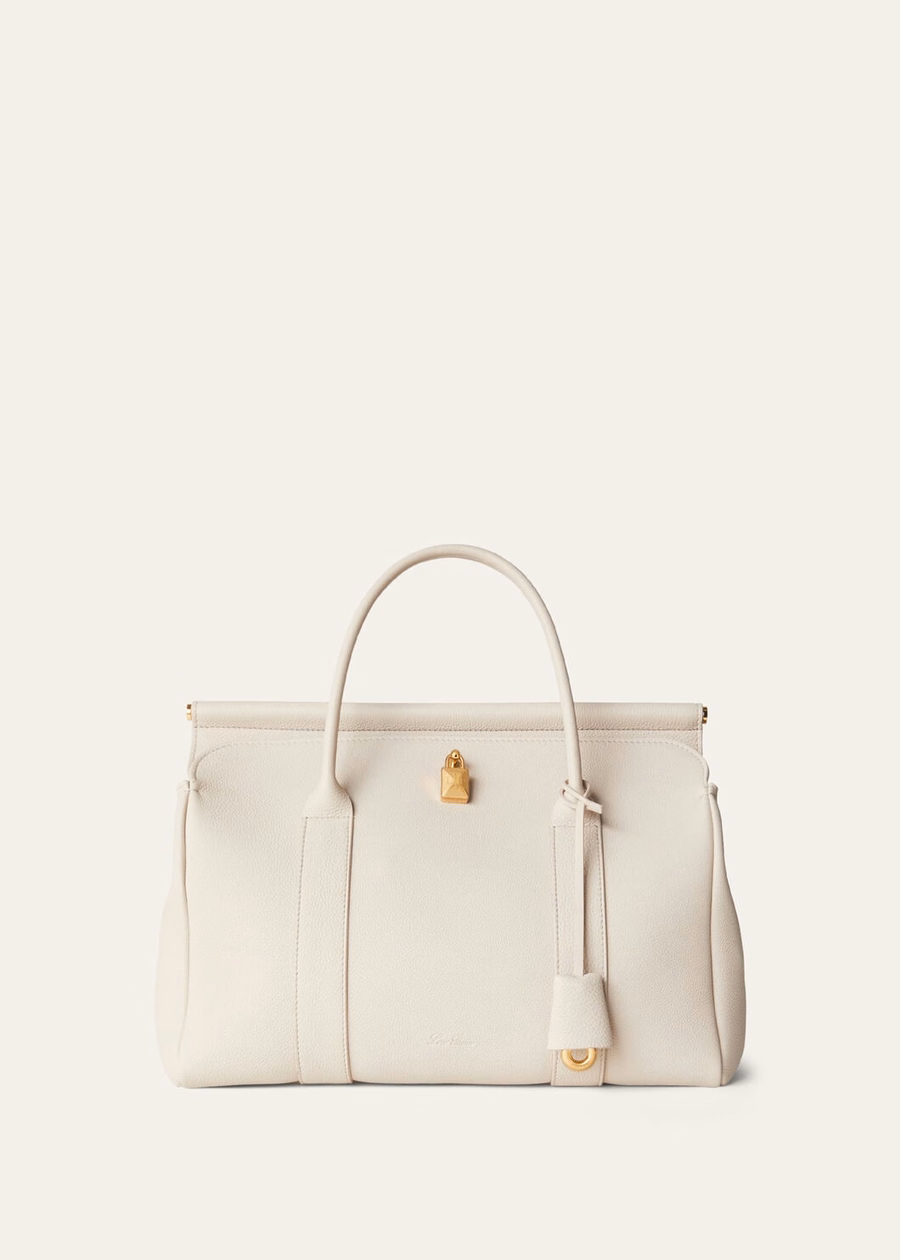 Bolso Loom L32, piel de becerro granulada en travertino claro/oro sol.