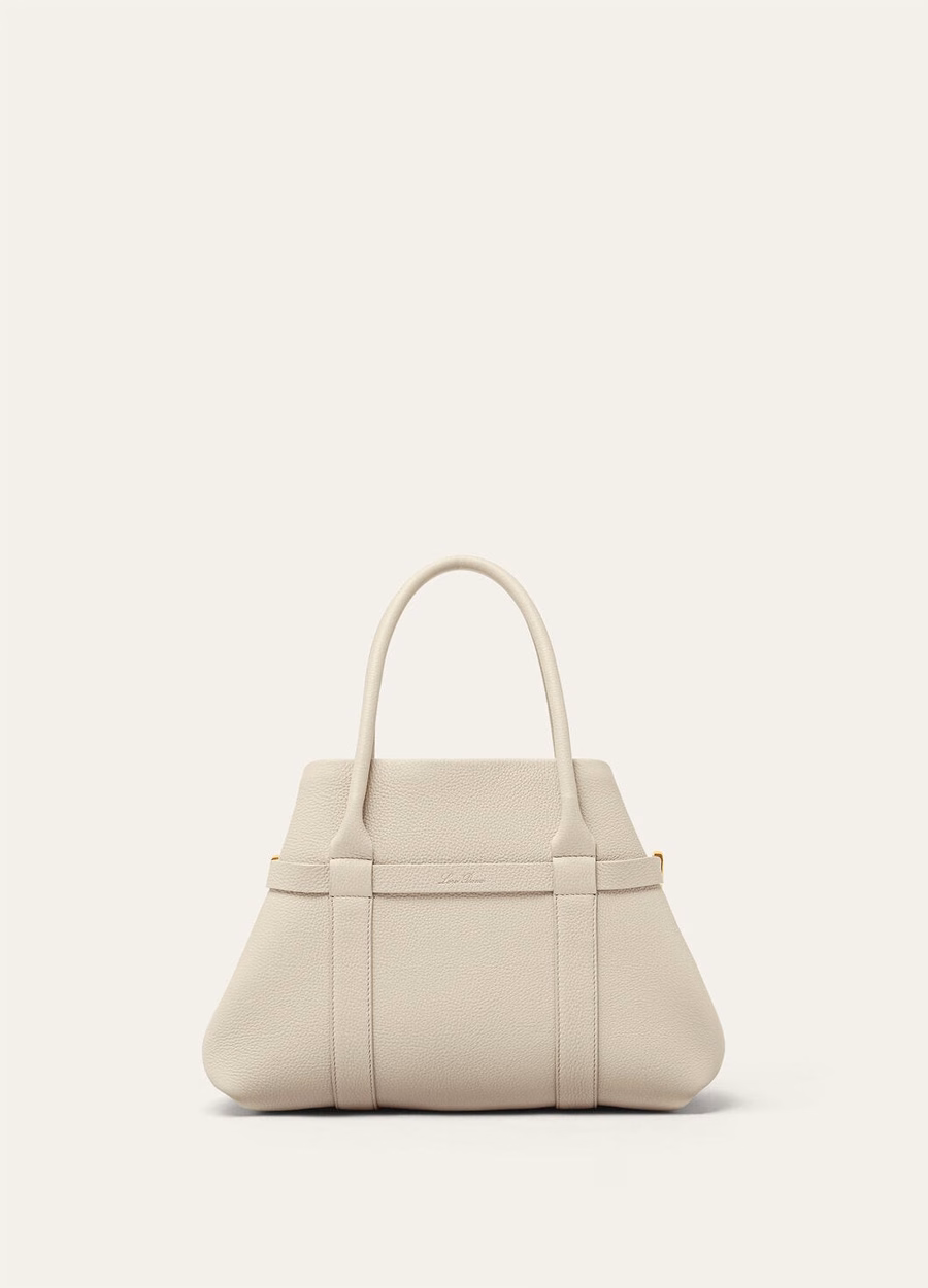 Bolso shopper pequeño Ghiera de piel de becerro color travertino claro/oro sol.