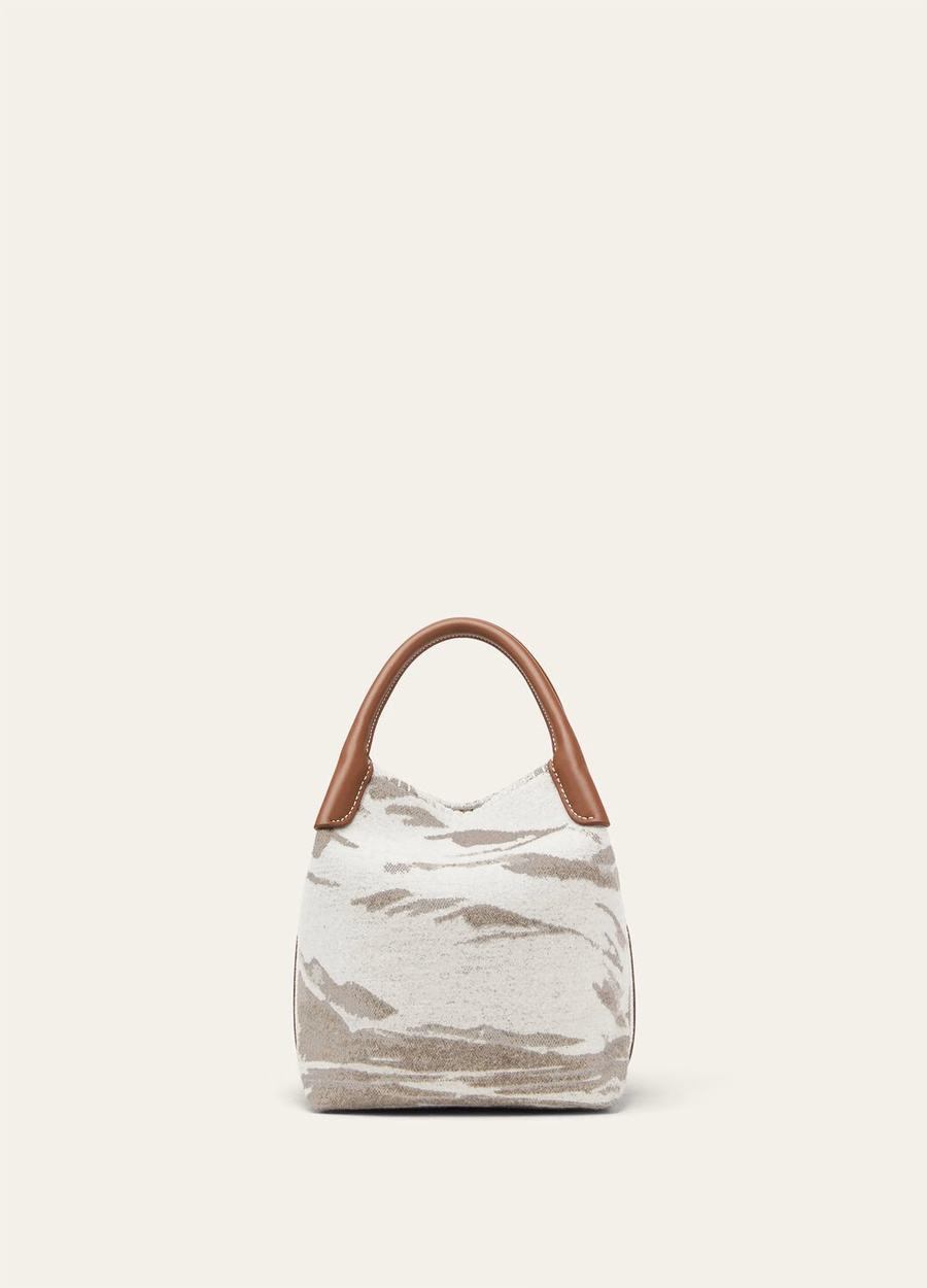 Bolso pequeño de cachemir y lana virgen en tonos gris niebla/guijarro invernal/turquesa/oro sol.