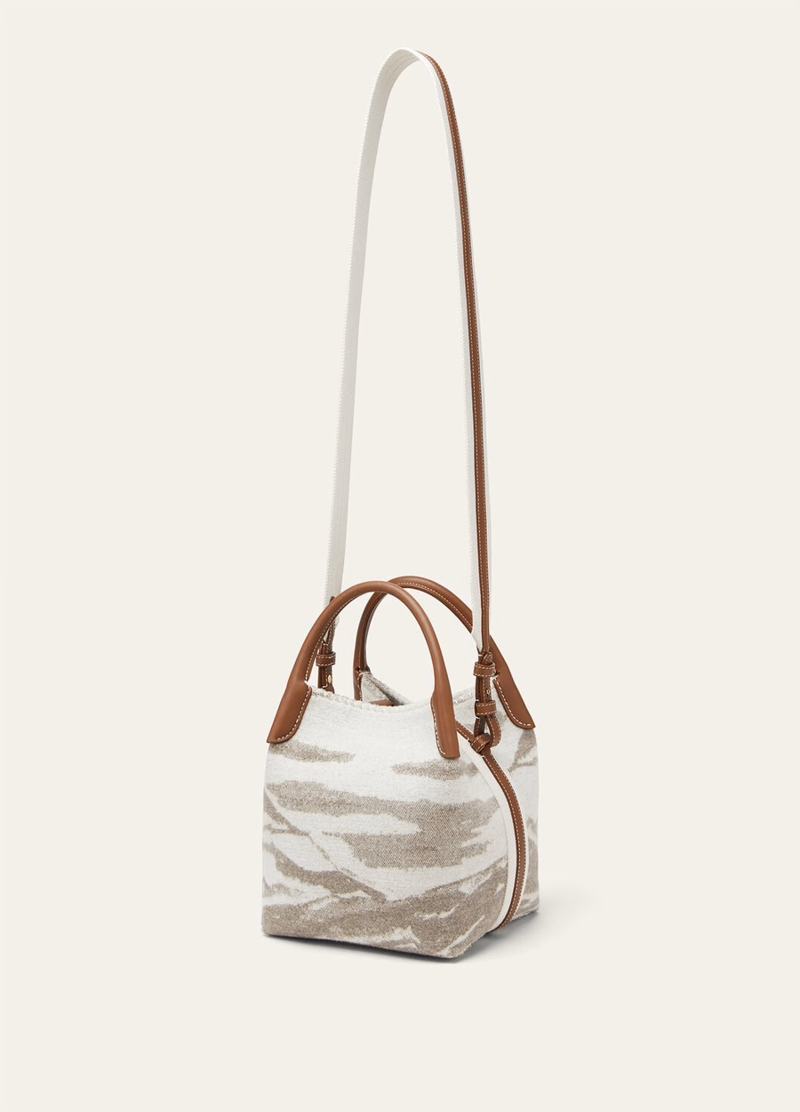 Bolso pequeño de cachemir y lana virgen en tonos gris niebla/guijarro invernal/turquesa/oro sol.